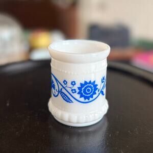 Vintage Milk Glass Toothpick Holder – Blue Floral Garland Pattern, Federal Glass